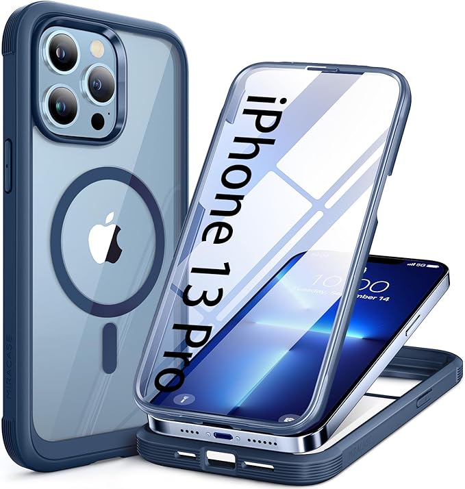 Miracase for iPhone 13 Pro Case 6.1",Full-Body Protection,Clear Bumper Case with Built-in 9H Tempered Glass Screen Protector,Military-Grade Drop Protection Outdoor Phone Case for 13 Pro,Dark Blue