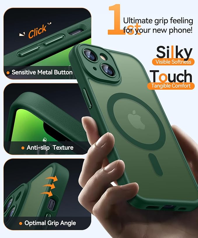 CANSHN Magnetic for iPhone 14 Plus Case, Upgraded [Full Camera Protection] [Compatible with Magsafe] [Translucent Matte] Shockproof Protective Phone Case for iPhone 14 Plus 6.7" - Deep Green