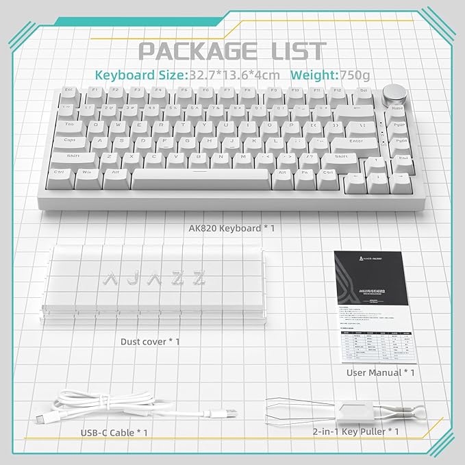 Attack Shark ajazz AK820 Wired Mechanical Gaming Keyboard with Volume Knob Hot Swappable 75% Gasket Keyboard 5-Layer Noise Absorbing Foam PBT Keycap Ice Blue Backlit Blue Switch for PC/Win/Mac-White