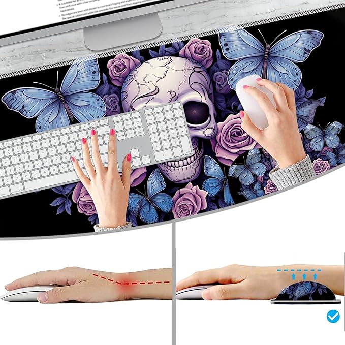 Extended Non-Slip Mouse Pad + Mouse Wrist Rest + Lace-Shaped Coaster Set, Ergonomic Design, Suitable for Desk and Home Gaming Table Mat, Skull Butterfly Roses