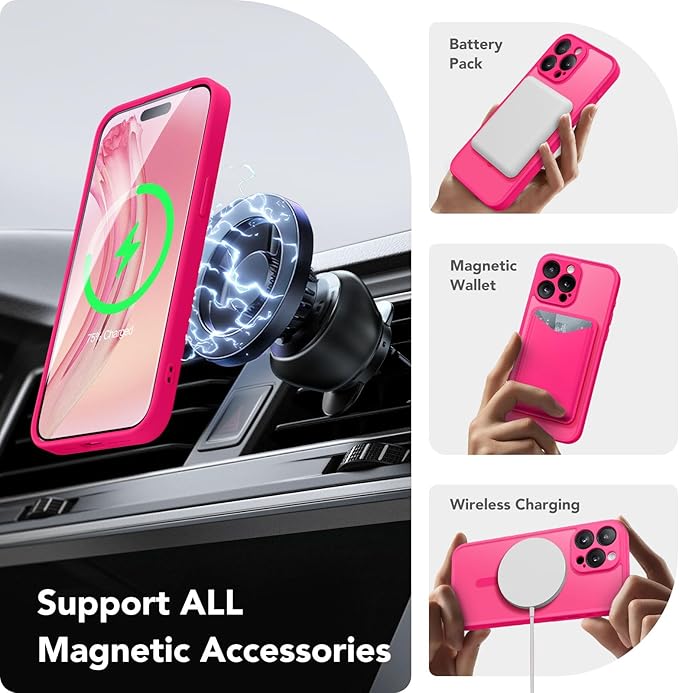 CAPRARO Magnetic for iPhone 15 Pro Max Case, [Compatible with MagSafe] [Full Camera Protection] Shockproof Protective Slim Translucent Matte Phone Case for iPhone 15 Pro Max 6.7'', Hot Pink