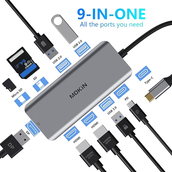 Docking Station, USB C Adapter, 9 in 1 Triple Display Multiport Dongle with 2 HDMI 4K, DisplayPort, 3 USB, 100W PD, SD/Micro SD Card Reader for MacBook Pro Air Type C Laptops