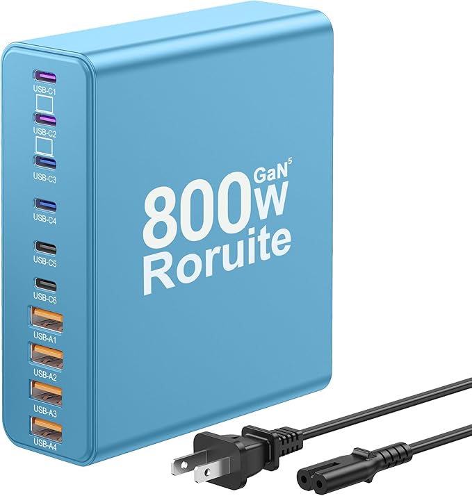 800W USB C Charging Station, 120W PD GaN5 Super Fast USB C Charger Block-10 Port, Type C for PC Laptop MacBook Pro/Air Charger Compatible with iPhone 17 16 15 14 13 12 Pro Max, iPad, Galaxy (Blue)