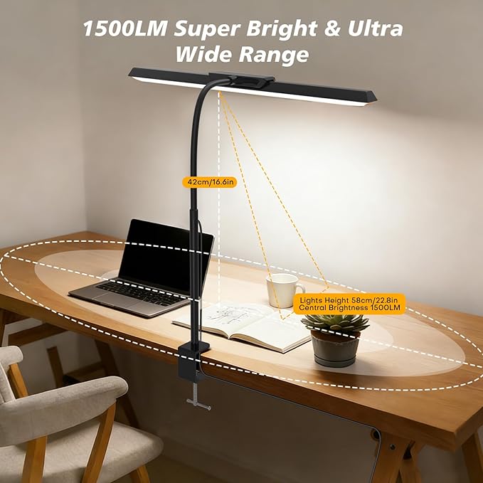 LED Desk Lamp for Office Home, Stepless Dimming Architect Desk Light with DC Adapter, Eye-Caring Desk Lamp with Clamp, 25 Lighting Modes Adjustable 12.8in Flexible Gooseneck for Workbench, Drafting