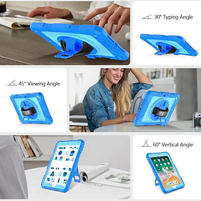 MENZO Shockproof Case for iPad 5th Gen/6th Gen/Air 2/Pro 9.7-inch with 360° Swivel Stand, Pencil Holder, Detachable Hand and Shoulder Strap, Blue+Baby Blue