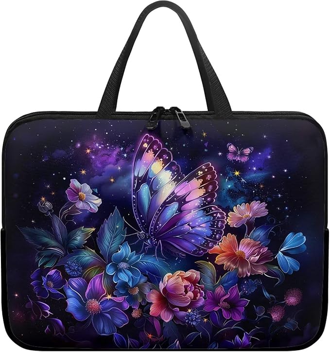 Purple Butterfly Floral 17 Inch Laptop Sleeve, Protector Laptop Case Tote Bag, Women Computer Cover with Zipper Work Travel Handbag Tablet Carrying Shoulder Bag for School Business