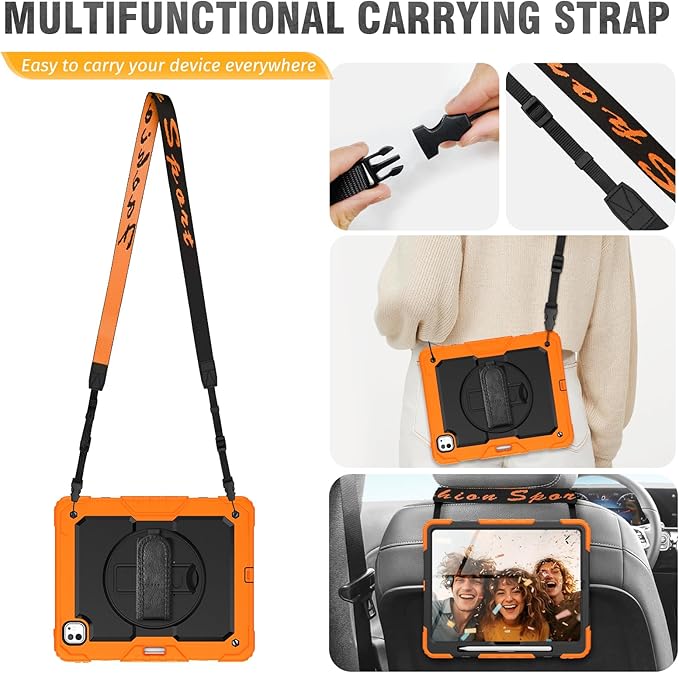 HXCASEAC for iPad Pro 13 Inch Case (M5/M4) 2025/2024, Shockproof Design with Pencil Holder, Protector, Rotating Stand, Hand Strap, Heavy Duty Protective iPad Pro13 Cover A3360 A2925 A2926, Orange