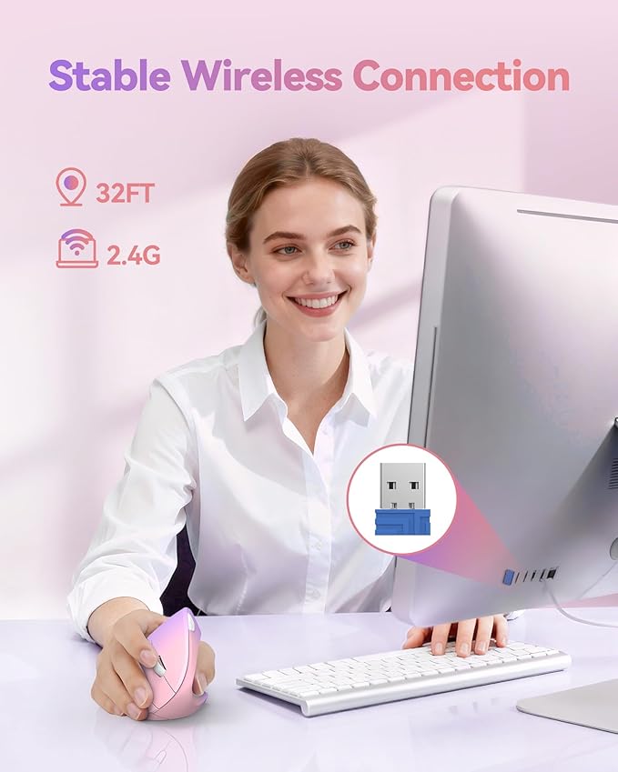 TECKNET 2.4G Ergonomic Mouse Vertical Wireless - 4800 DPI Optical Carpal Tunnel Mice Right Hand, 4800 DPI Adjustable, Quiet Clicks, 6 Buttons for Laptop, Desktop, PC, Computer - Pink Purple