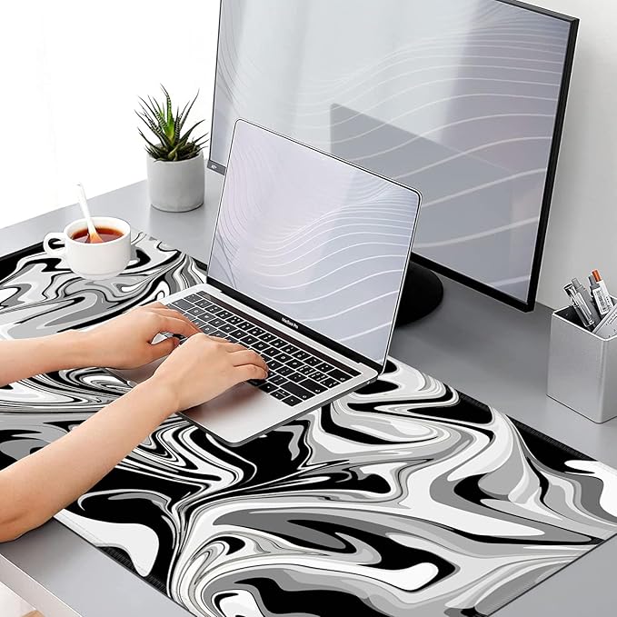 Gaming Mouse Pad, Grey Black White Big Desk Pad for Keyboard and Mouse, Extended 35.5" X 15.75" in Computer Keyboard Mouse Mat 3mm Thick XXL Rubber Mousepad for Laptop Gamer, Swirl Marble