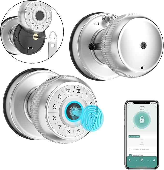 BIWIBON 4-in-1 Smart Door Knob, Fingerprint Door Knob with App Control, Smart Fingerprint Door Lock with Keypad, Real Privacy Mode, Auto Lock, Ideal for Home, Bedroom, Garages &Office, Silver,1 Pack