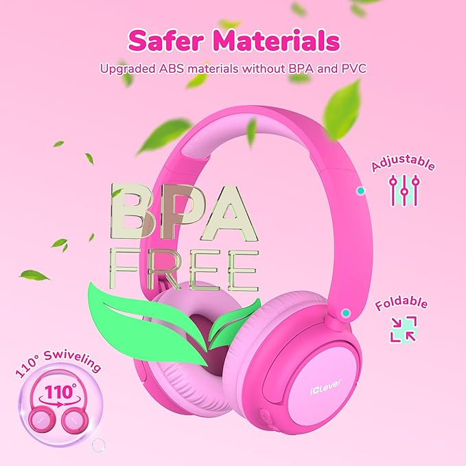iClever BTH22 Kids Bluetooth Headphones, 60H Play Time, 74/85 dBA Safe Volume, Bluetooth 5.4, USB C, Over Ear Kids Headphones Wireless with Mic AUX Cord for iPad/Tablet/Travel, Blossom Pink
