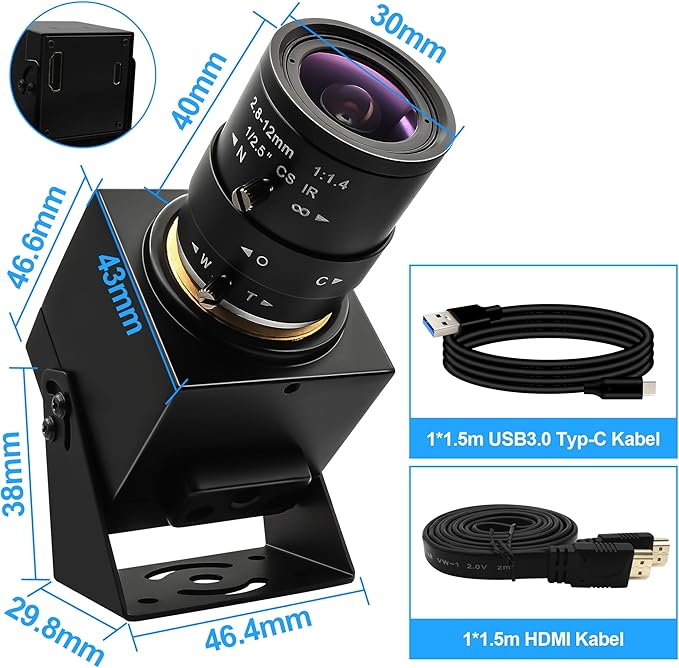 MMlove 4K USB HDMI Camera 8MP 60FPS High Speed Camera USB3.0 Simultaneous Output Webcam 2.8-12mm 4X Optical+2X Digital Zoom Golf Swing Webcam Close up Zoom in and Out for 3D Printer PC Laptop Pi