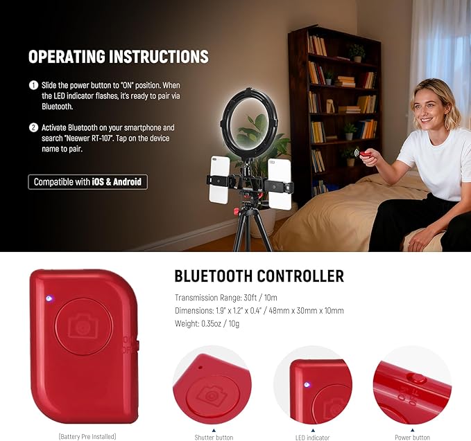 NEEWER Basics 8" Selfie Ring Light with Tripod Stand/2 Phone Holders Compatible with iPhone/3 Cold Shoes/Remote, LED Ringlight Lighting for YouTube TikTok Vlog Video Recording Makeup Streaming, R08
