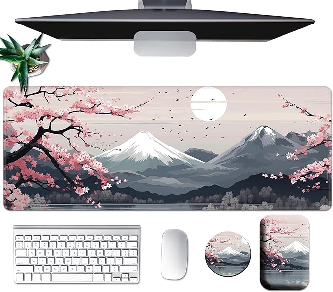 Large Mouse Pad Set, Desk Mat + Elbow Rest Pad + Coaster, Easy Typing Pain Relief, Ergonomic Arm Rest Pad with Memory Foam, Extended Desk Pad Anti-Slip Rubber Base for Home, Cherry Blossom Mount Fuji