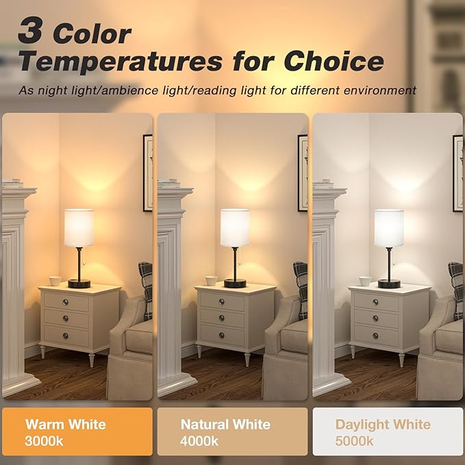 Grey Nightstand Lamps 3 Color Temperatures - 3000K 4000K 5000K Bedside Lamps with USB C and A Ports, Pull Chain Table Lamps with AC Outlet, Small Lamps with Black Metal Base for Sleeping Reading