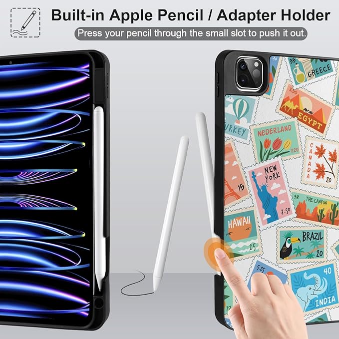 DONGKE Case for iPad Pro 12.9 inch 6th Generation 2022, Built-in Pencil Holder + Trifold Stand + Auto Wake/Sleep + Protective Cover for iPad Pro 12.9 5th/4th/3rd Gen- Post Stamps