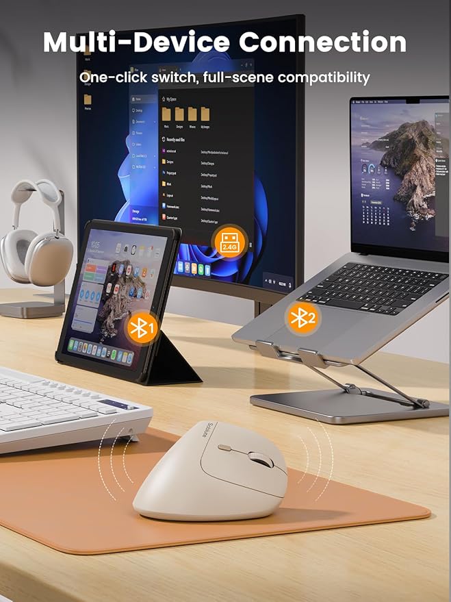 SABLUTE MAM3 Ergonomic Mouse, Rechargeable Wireless Vertical Mouse with 4 Adjustable DPI for Small/Medium Hands, Dual-Device Connectivity for Computer/PC/Laptop,Bluetooth Mouse for Window,Mac OS,Beige