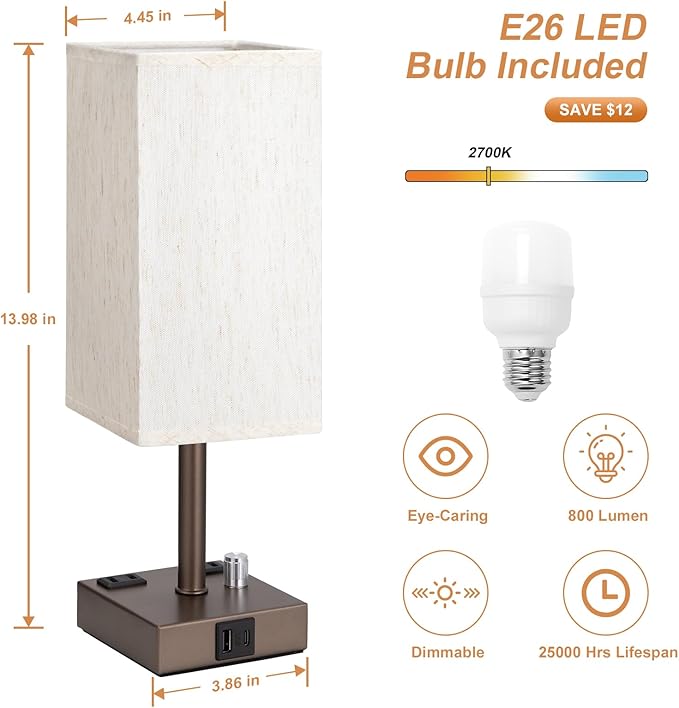 aooshine Brown Fully Dimmable Nightstand Lamps Set of 2 - Table Bedside Lamp with USB C+A Charging Ports & 2 AC Outlets, Square Lamp Sets Linen Fabric Shade for Bedroom (Bulb Included)