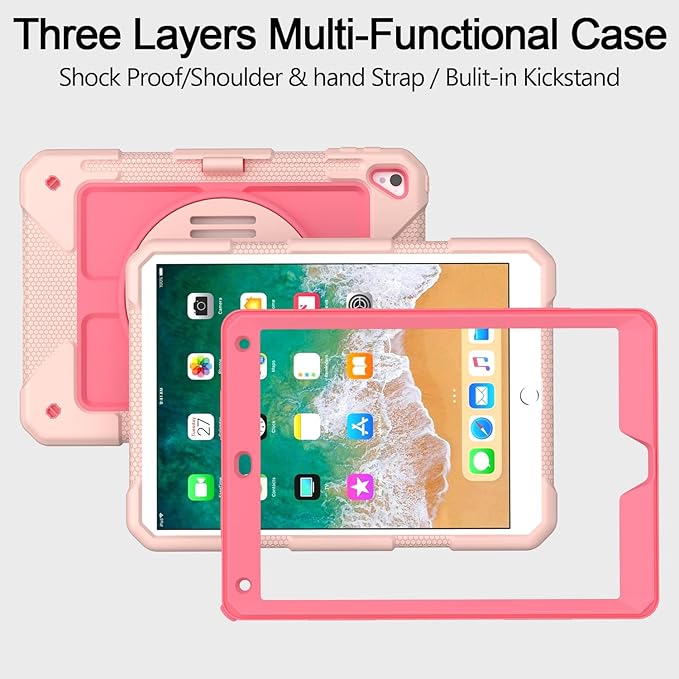 MENZO Shockproof Case for iPad 5th Gen/6th Gen/Air 2/Pro 9.7-inch with 360° Swivel Stand, Pencil Holder, Detachable Hand and Shoulder Strap, Pink+Lightpink