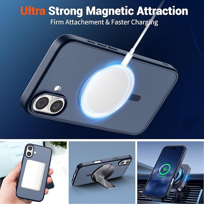 SUPFINE Magnetic for iPhone 16 Case (Compatible with MagSafe) (Military Grade Drop Protection) Translucent Matte Shockproof Phone Cover,Dark Blue