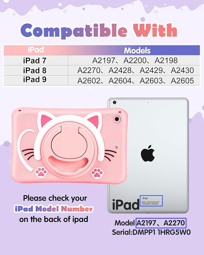 Wazzasoft for iPad 9th/8th/7th Generation Case 10.2 Inch Cute Girls Kawaii Cover Girly 3D Cat Cartoon Women with Rotating Handle Stand & Strap Soft Silicone Funda for Apple iPad Cases 9th/8th/7th Gen