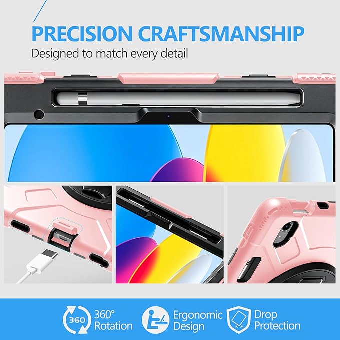 Case for iPad (A16) 11th/10th Generation Case: Protective Cover for iPad 11th Gen 11 Inch 2025 &10th Gen 10.9" 2022 with Screen Protector- Stand- Shoulder Strap- Handle- Pencil Holder-Black+Pink