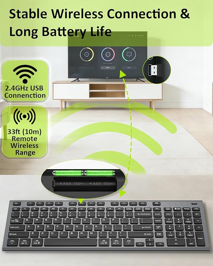 FENIFOX Wireless Silent Keyboard, Ultra Quiet USB C Low Profile Compact Full Size with Number Pad Flat Slim Thin Soft Touch for Mac Computer MacBook iMac PC Laptop Desktop Office (Black and Grey)