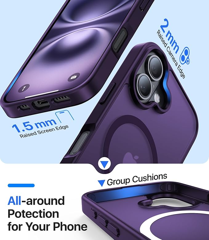 Magnetic for iPhone 16 Case, [Compatible with MagSafe][Military-Grade Drop Protection][Anti-Yellowing] Shockproof Protective Translucent Matte Cover for iPhone 16 Phone Case,Deep Purple
