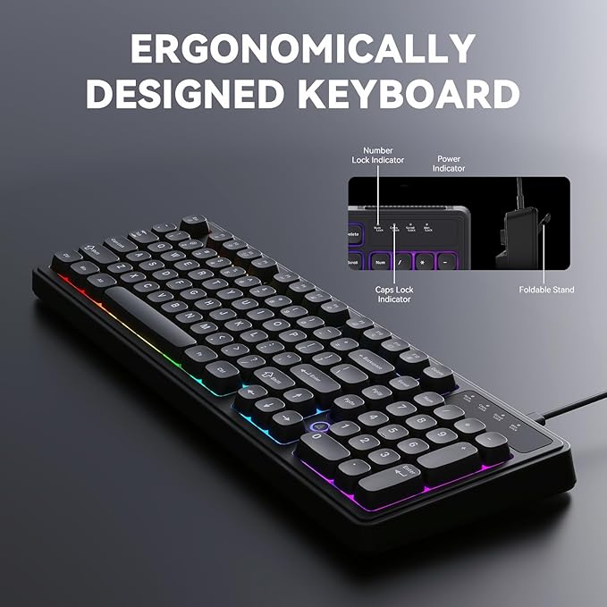 Ajazz AF98 Wired Office Keyboard, Ergonomic, RGB Lighting, Multimedia Function Keys, Adjustable Stand, Suitable for Windows Vista/XP/7/8/10/11 Mac, Andord.