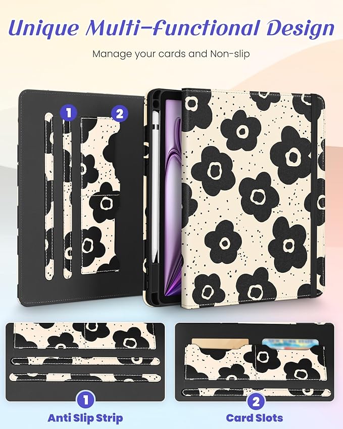 Kidcube for iPad Air 13 Inch Case (M3/M2)/for iPad Pro 12.9 Cases 6th/5th (2022/2021) - Women Girls Cute Rotating Stand Folio Cover with Pencil Holder & Card Slot Design Black Floral Flowers Cover