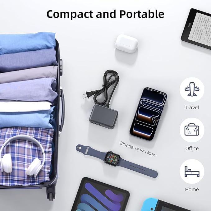 Updated USB C Fast Charger Block, 100W GaN 6 Port PD USB C QC USB A Wall Charger Adapter Plug Cube, Type C Charging Station Hub for iPhone 17 16 15 14 13 Pro Max iPad Samsung Pixel 5ft Extension Cord