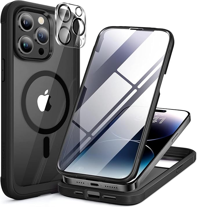 Miracase Magnetic for iPhone 14 Pro Case 6.1 inch, (Compatible with MagSafe) Upgrade Full-Body Clear Phone Bumper Case with Built-in 9H Tempered Glass Screen Protector, Magnetic Matte Black