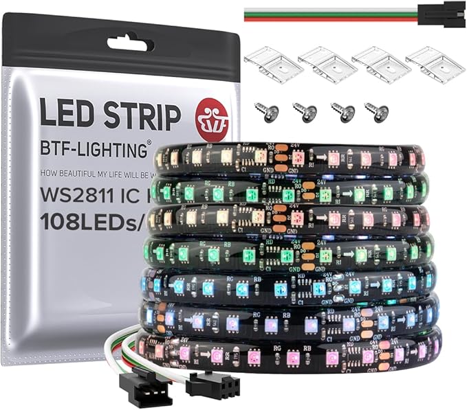 BTF-LIGHTING 2835SMD WS2811 IC RGB Chasing Color LED Strip Light 24.6FT DC24V 108LED/m 18Pixels/m 8mm Width IP65 Flexible Addressable Strip for Indoor Decor (No Adapter or Controller)