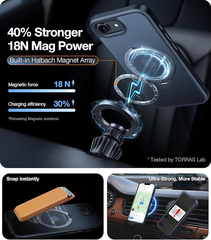 TORRAS 360 Spin for iPhone 17e Case & iPhone 16e case with Stand, Fit for MagSafe, 4X Military-Grade Protective, Stand Phone Case for iPhone 17e Case, Ring Holder Slim Cover, Matte Black 6.1''