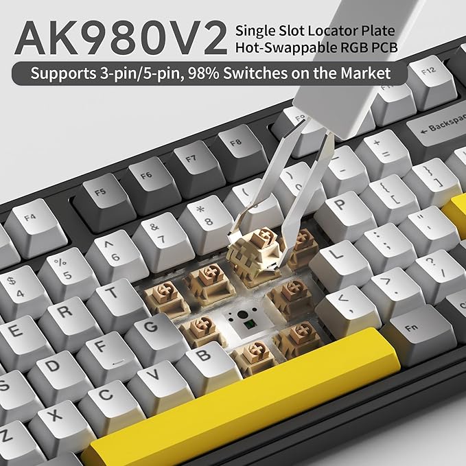 NACODEX Ajazz AK980 Grey Yellow Wireless Mechanical Gaming Keyboard,Tri-Mode BT5.0/2.4GHz/USB-C Hot Swappable Custom Keyboard RGB Backlit Computer Gaming Keyboards for PC/Tablet/PS/Xbox