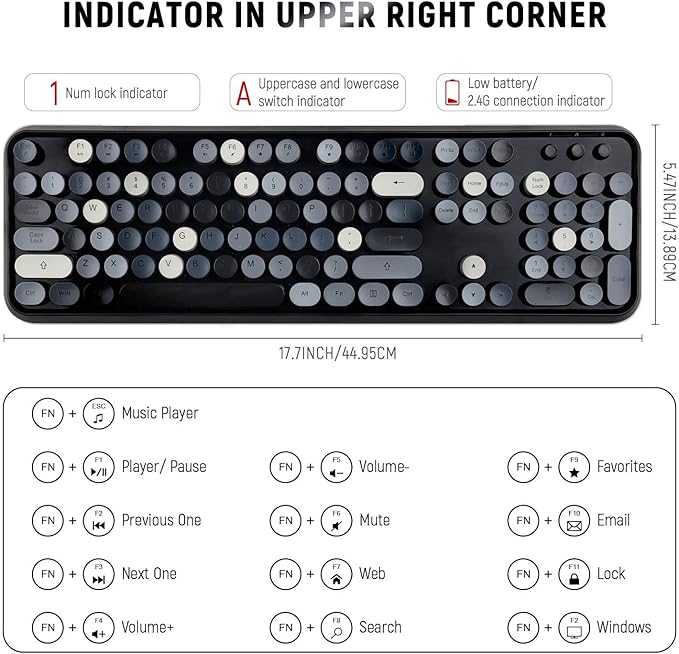 Wireless Keyboard and Mouse Combo, Retro Typewriter Style Round Key Keyboard, 2.4GHz Aesthetic Cute Bubble Full Size Keyboard with Number Pad for PC Computer Laptop Desktop–Black Grey Colorful