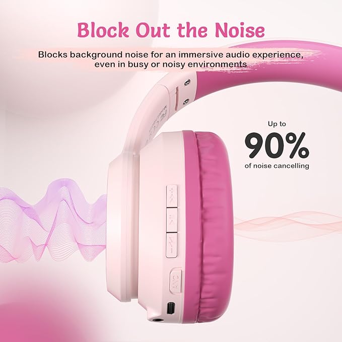 TONOSHARK Kids Bluetooth Headphones with Active Noise Cancelling, Wireless Over-Ear Headphones for Boys Girls, Foldable, Adjustable, 40H Playtime, Mic for School Travel(Pink)