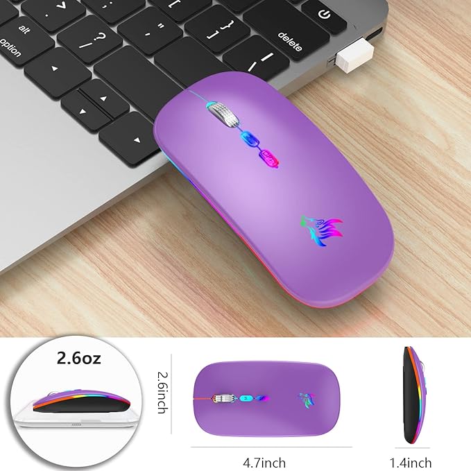 HOTLIFE Wireless Bluetooth Mouse, Slim Rechargeable LED Mouse, 2.4G Portable USB Optical Mouse with Type C Adapter, Purple
