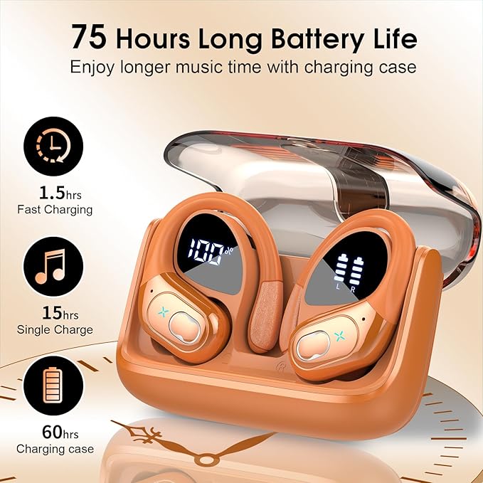 Wireless Earbuds 75hrs Bluetooth 5.4 Headphone Sport, 2026 Bluetooth Earbuds HIFI Stereo Over Ear Bud with Earhooks, ENC Noise Cancelling Mic, IPX7 Waterproof Earphone for Gym/Workout, Cosmic Orange