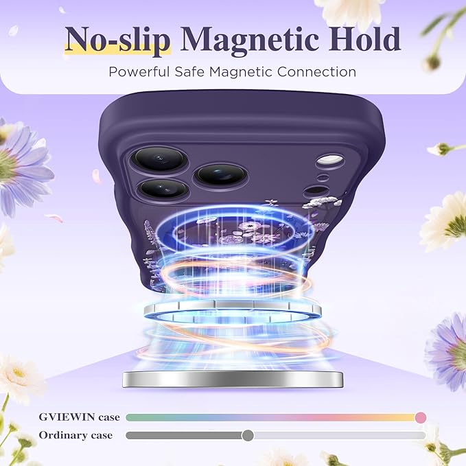 GVIEWIN for iPhone 17 Pro Max Case Compatible with MagSafe [Curly Wave Edge][Full Camera Protection] Floral Translucent Shockproof Magnetic Women Phone Case for 17 Pro Max, Dark Floratopia/Deep Purple
