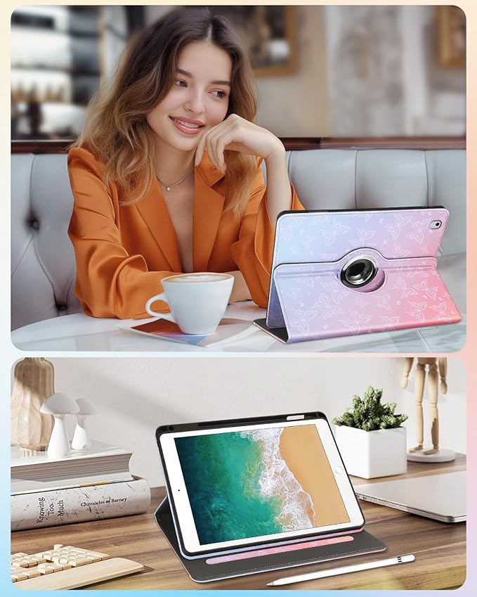Kidcube for iPad 5th Generation Case 2017/Air 1st 2013/Pro 9.7 Inch Case 2016 - Women Girls Kids Cute Rotating Stand Folio Cover with Pencil Holder & Card Slot Girly Kawaii Butterfly Design Cover