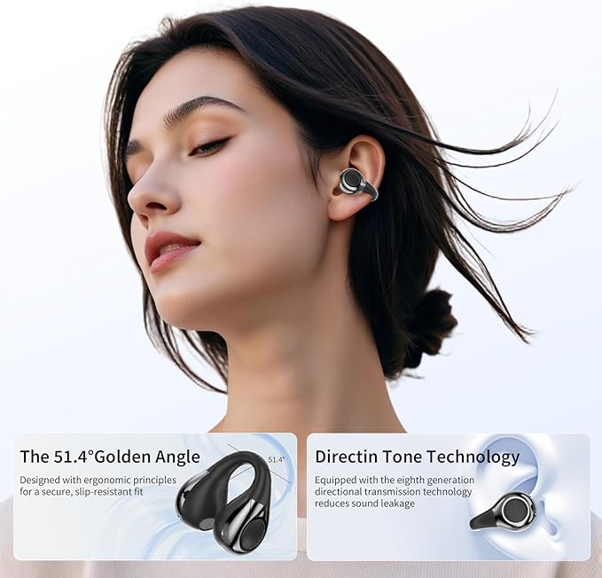 Open Ear Earbuds I5, Bluetooth 6.0 Headphones for Gym & Running, IPX5 Sweatproof, 36H Playtime, Secure Clip-On Fit for Work & Sports (1-Black)