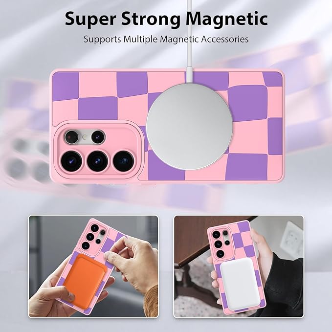 KANGHAR Compatible with Samsung Galaxy S25 Ultra Case, Support for MagSafe, Silicone Checkered Cute Pattern, Wristband Kickstand Camera Protection Soft Slim Cover for Girls Women -Pink