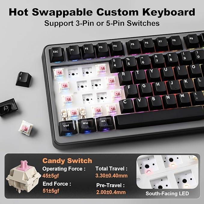YUNZII B75 PRO MAX QMK/VIA Wireless Mechanical Keyboard,75% Layout with Screen and Knob,Custom Hot Swap Gasket, Creamy Pre-lubed Switches,Bluetooth/Type-C/2.4G for Win/Mac (Black,Candy Switch)
