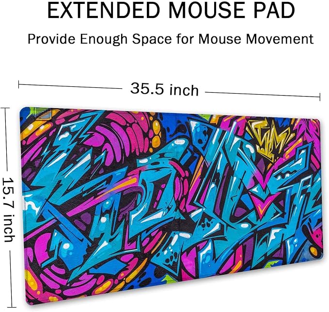 SSOIU Extended Gaming Mouse Pad - Non-Slip Water-Resistant Rubber Base Computer Keyboard Mouse Mat, 35.5 x 15.7-inch XX-Large Desk Mat, Ideal Partner for Work & Game, Beautiful Street Art Graffiti