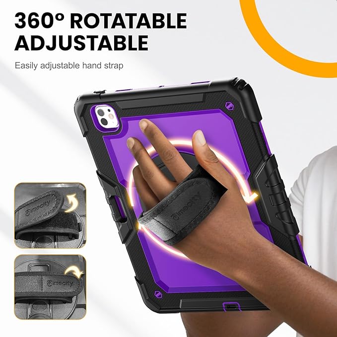timecity Case for iPad Pro 13 Inch M5 2025 / M4 2024, 360° Rotating Stand, Pencil Holder & Wireless Charging, Shockproof with Screen Protector & Shoulder Strap - for Designers & Professionals, Purple