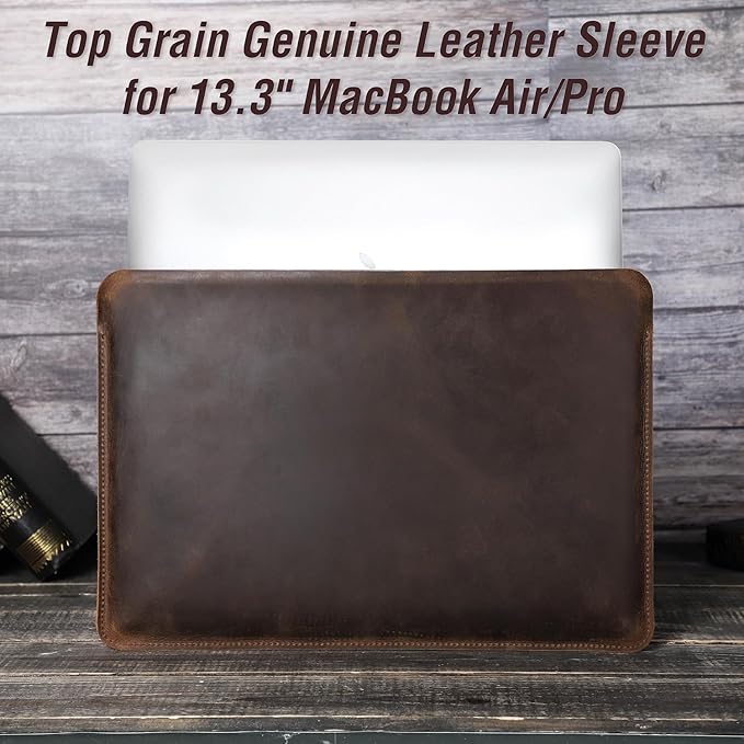 Top Grain Leather 13.3" Slim Laptop Sleeve Protector, Solid Minimalist Vintage Design, Handmade, Compatible with MacBook Pro 13.3" MacBook Air 2022 DELL XPS 13" & Other PC, Coffee 13.3 Inch