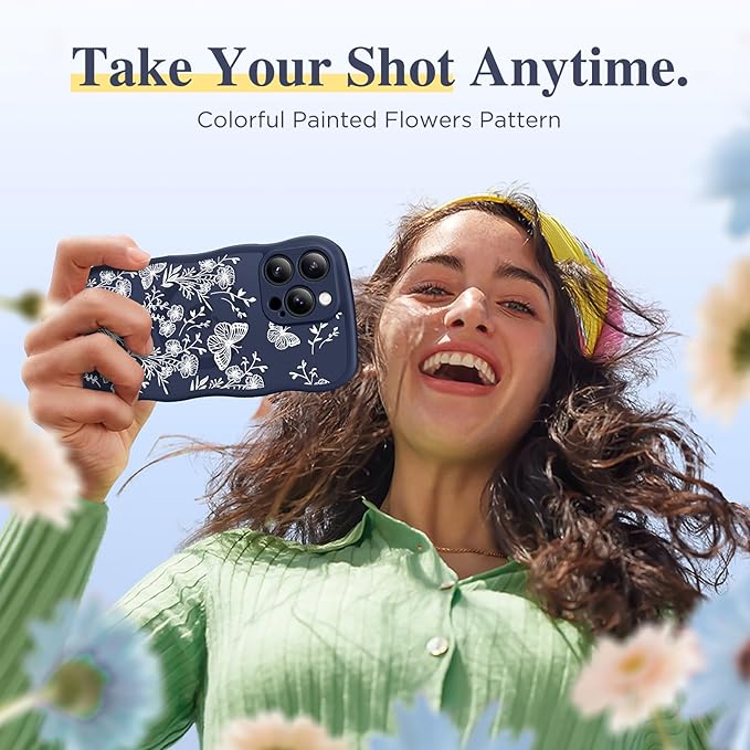 GVIEWIN for iPhone 16 Pro Max Case Compatible with MagSafe [Curly Wave Edge][Full Camera Protection] Floral Translucent Shockproof Magnetic Women Phone Case for 16 Pro Max, Tuberose/Blue