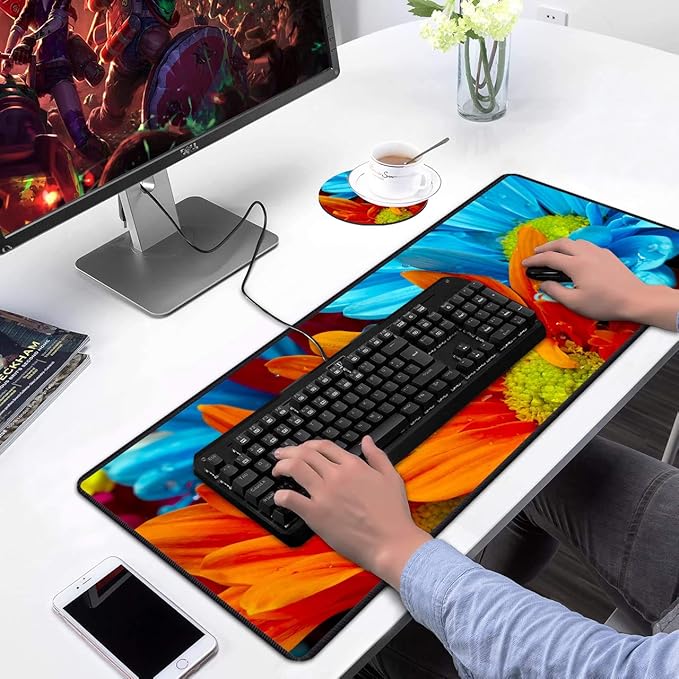 Desk Pad Mat Gaming Mouse Pads with Coasters Set, Stitched Edges Design Mouse Pad XXL Large Mouse Pad for Laptop Computers Daisy Flowers Bloom Colorful Petals Desk Writing Mat for Office & Home