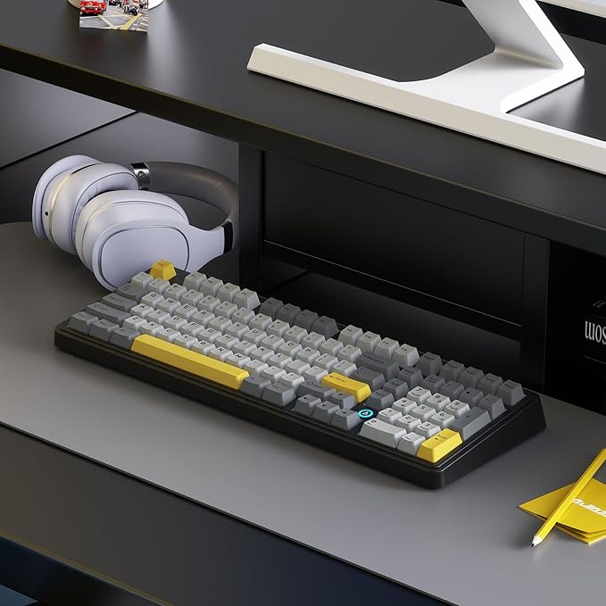 NACODEX AK980 Wired Mechanical Gaming Keyboard, 98% Gasket Hot Swappable Keyboard with RGB Backlit, PBT Keycaps, Five-Layer Padding, 101 Keys Gaming Keyboard, Gray White Yellow
